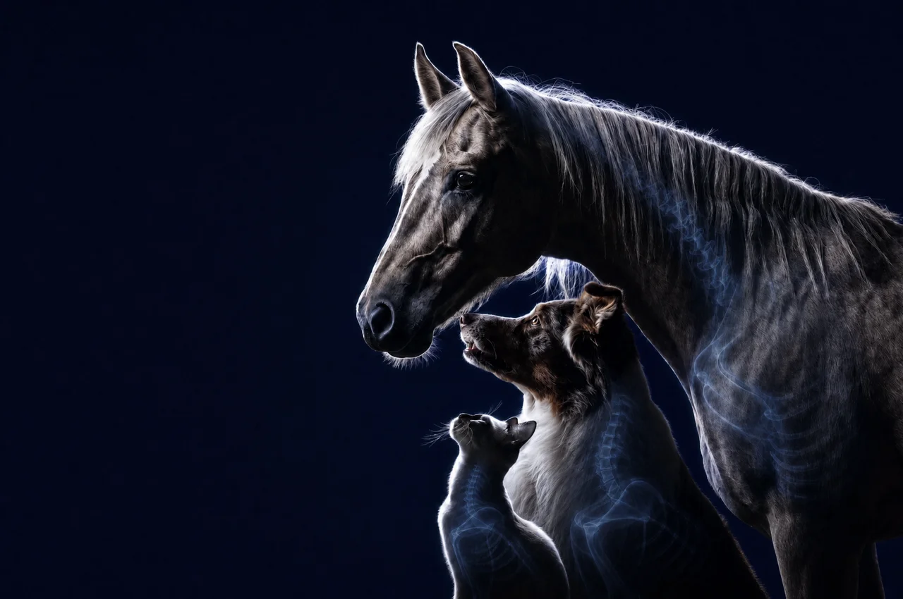 Horse, dog, and cat against a dark backdrop